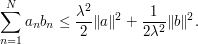  \sum_{n=1}^N a_n b_n \leq \frac{\lambda^2}{2} \|a\|^2 + \frac{1}{2\lambda^2} \|b\|^2.