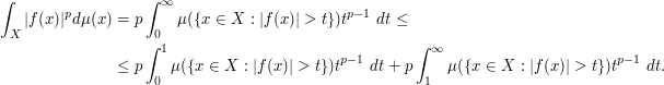  |f(x)| > t\} ) t^{p-1}\ dt.\end{align}