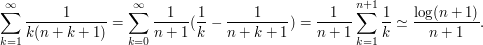 \sum_{k=1} ^\infty\frac{1}{k(n+k+1)}=\sum_{k=0} ^\infty \frac{1}{n+1}(\frac{1}{k}-\frac{1}{n+k+1})=\frac{1}{n+1} \sum_{k=1} ^{n+1} \frac{1}{k} \simeq \frac{\log(n+1)}{n+1}.