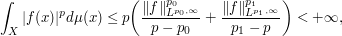 \int_X |f(x)|^p d\mu(x) \leq p \bigg(\frac{\|f\|^{p_0} _{L^{p_0,\infty}}}{p-p_0}+\frac{\|f\|^{p_1} _{L^{p_1,\infty}}}{p_1-p}\bigg)<+\infty,