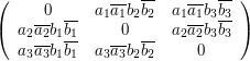  \left(\begin{array}{ccc}0&a_{1}\overline{a_{1}}b_{2}\overline{b_{2}}&a_{1}\overline{a_{1}}b_{3}\overline{b_{3}}\\ a_{2}\overline{a_{2}}b_{1}\overline{b_{1}}&0&a_{2}\overline{a_{2}}b_{3}\overline{b_{3}}\\ a_{3}\overline{a_{3}}b_{1}\overline{b_{1}}&a_{3}\overline{a_{3}}b_{2}\overline{b_{2}}&0\end{array}\right)